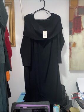 Terra & Sky Black Off-The-Shoulder Ribbed Knit Dress